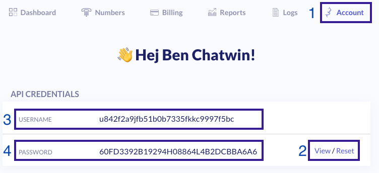 Where to get your API credentials from with password visible